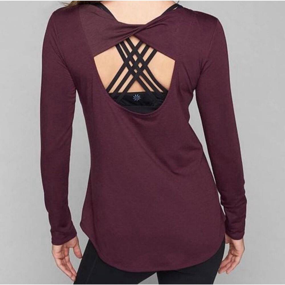 Athleta Size XS Maroon Open Back Flexlight Long Sleeve Tee Soft Jersey Knit Top
